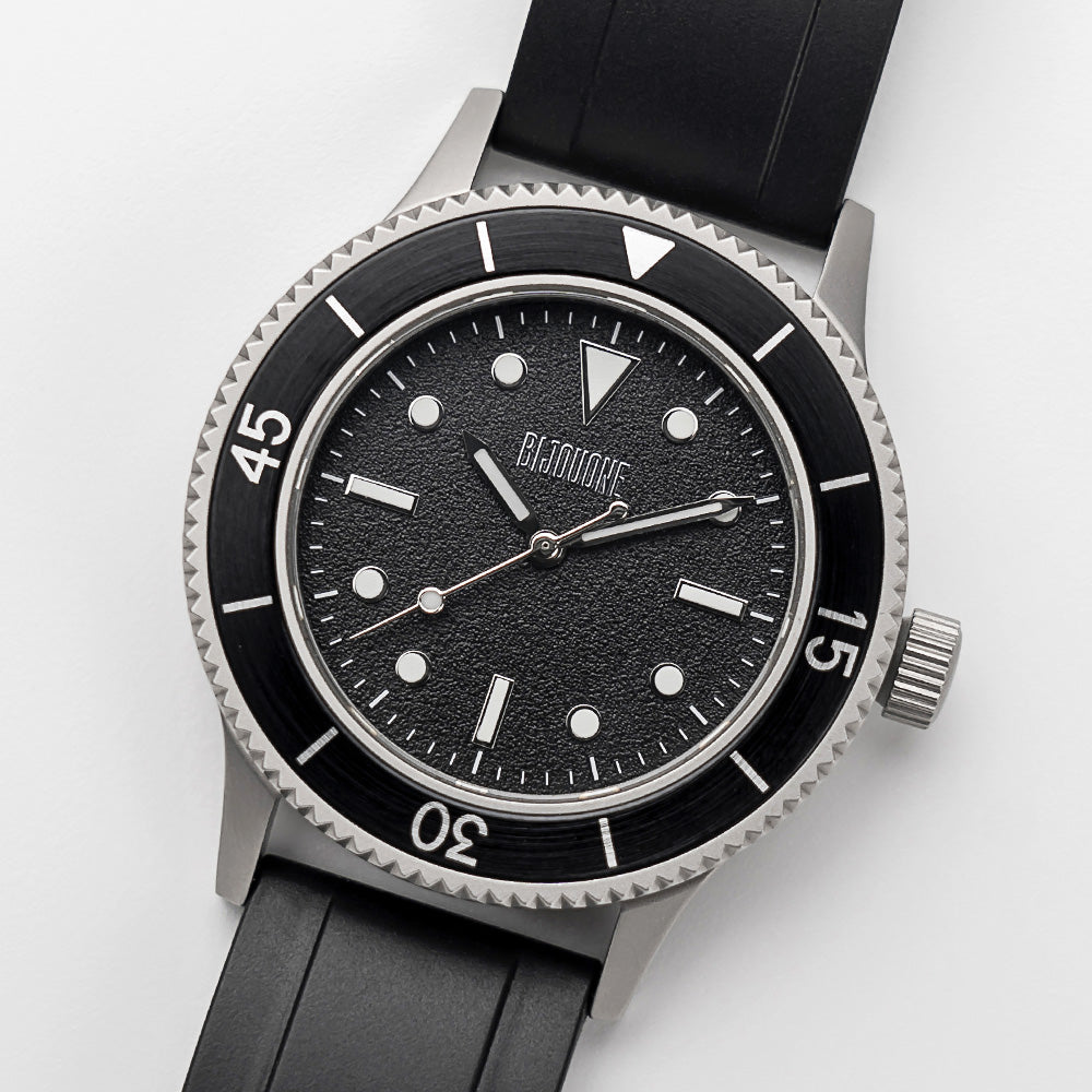 C01 Watch, Matte Silver Case, Black Dial, Sapphire Crystal Glass, Luminous, Rubber Strap