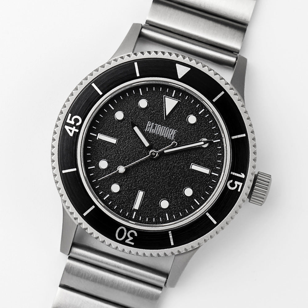 C01 Watch, Matte Silver Case, Black Dial, Sapphire Crystal Glass, Luminous, Stainless Steel Strap