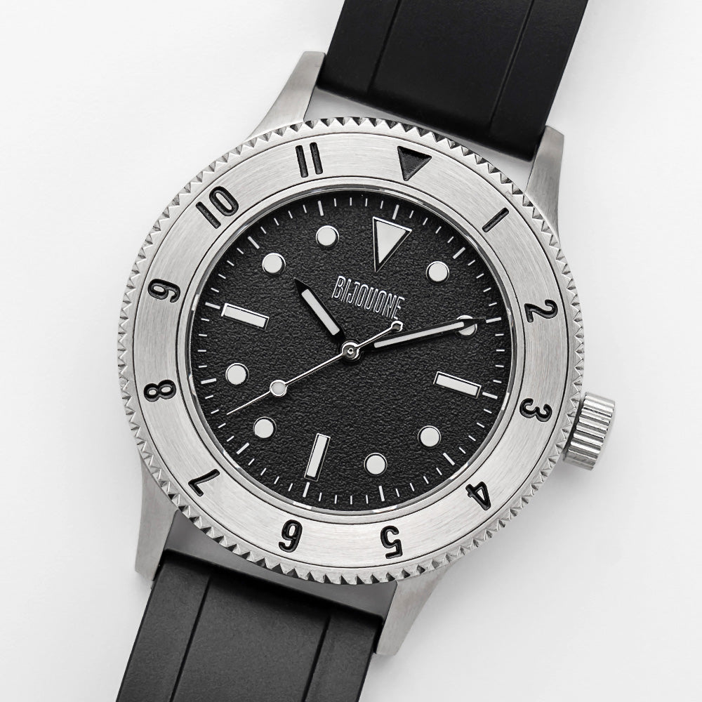 C01 Watch, Brushed Silver Case, Black Dial, Sapphire Crystal Glass, Luminous, Rubber Strap