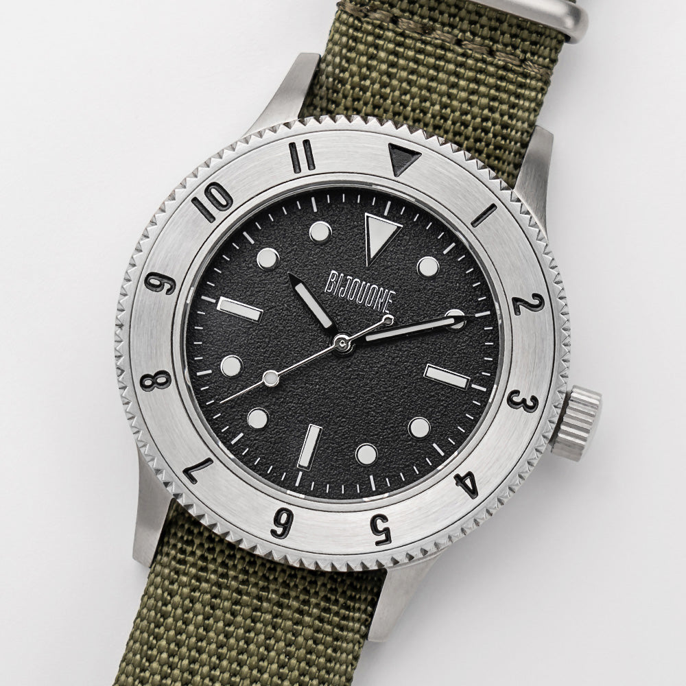 C01 Watch, Brushed Silver Case, Black Dial, Sapphire Crystal Glass, Luminous, Nylon Strap