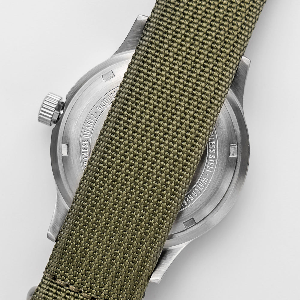 C01 Watch, Matte Silver Case, Black Dial, Sapphire Crystal Glass, Luminous, Nylon Strap