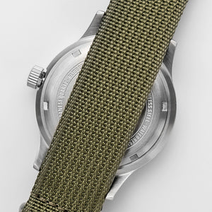 C01 Watch, Brushed Silver Case, Black Dial, Sapphire Crystal Glass, Luminous, Nylon Strap - BIJOUONE