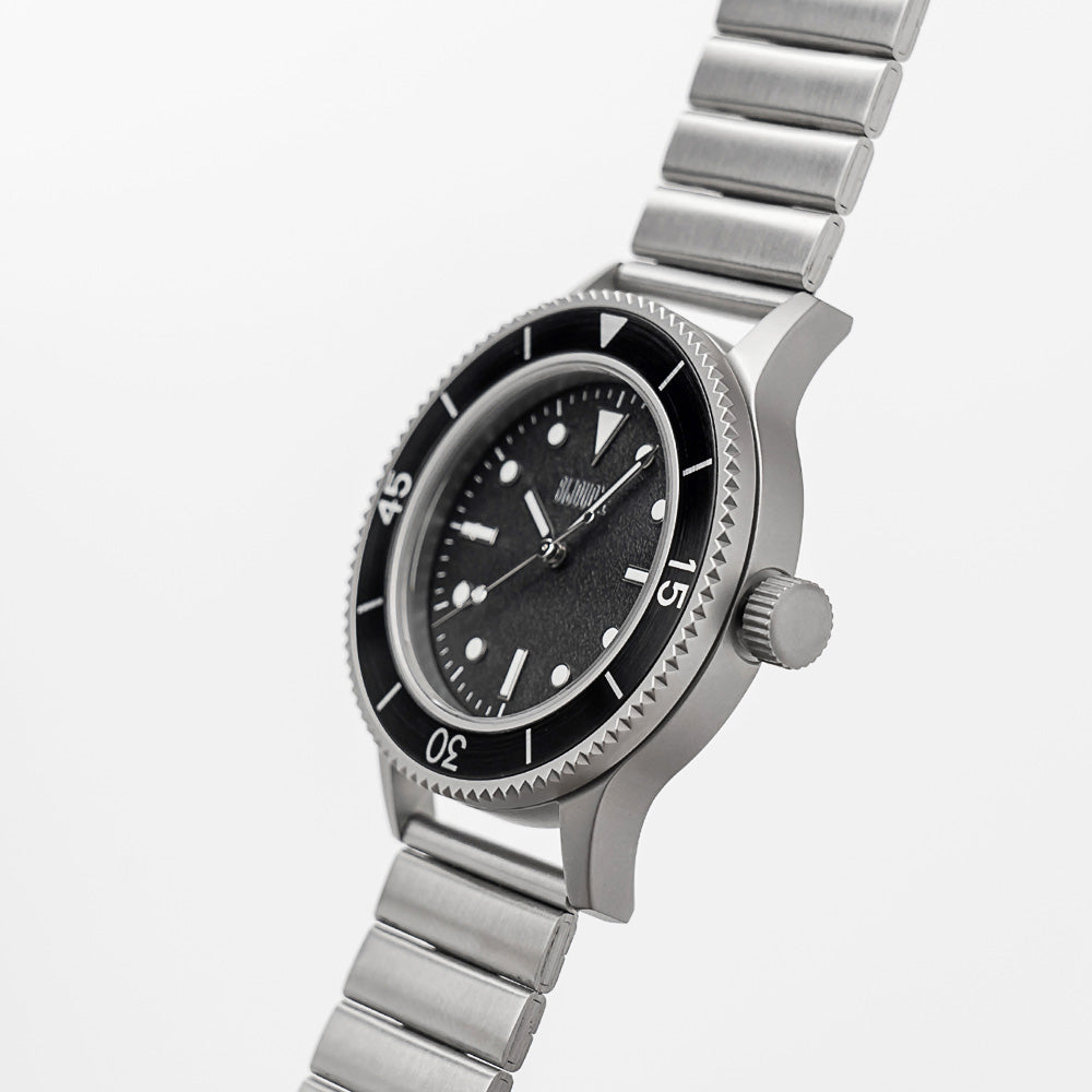 C01 Watch, Matte Silver Case, Black Dial, Sapphire Crystal Glass, Luminous, Stainless Steel Strap