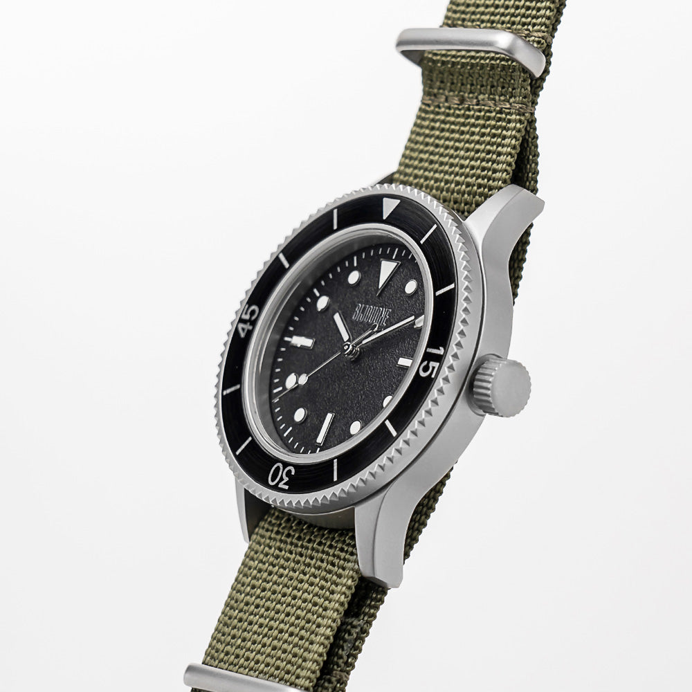 C01 Watch, Matte Silver Case, Black Dial, Sapphire Crystal Glass, Luminous, Nylon Strap