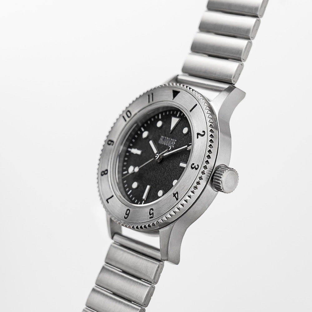 C01 Watch, Brushed Silver Case, Black Dial, Sapphire Crystal Glass, Luminous, Stainless Steel Strap