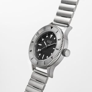 C01 Watch, Brushed Silver Case, Black Dial, Sapphire Crystal Glass, Luminous, Stainless Steel Strap