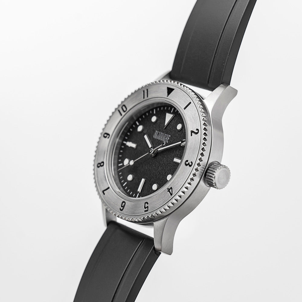 C01 Watch, Brushed Silver Case, Black Dial, Sapphire Crystal Glass, Luminous, Rubber Strap