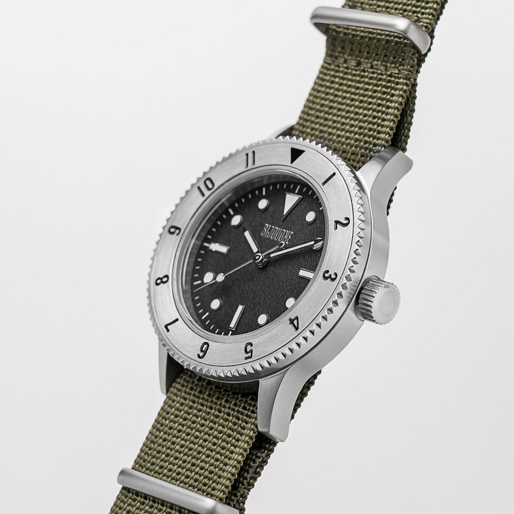 C01 Watch, Brushed Silver Case, Black Dial, Sapphire Crystal Glass, Luminous, Nylon Strap