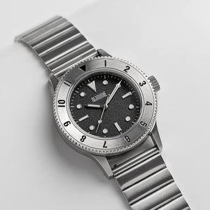 C01 Watch, Brushed Silver Case, Black Dial, Sapphire Crystal Glass, Luminous, Stainless Steel Strap