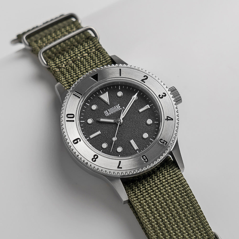 C01 Watch, Brushed Silver Case, Black Dial, Sapphire Crystal Glass, Luminous, Nylon Strap