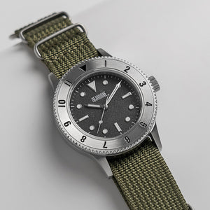 C01 Watch, Brushed Silver Case, Black Dial, Sapphire Crystal Glass, Luminous, Nylon Strap - BIJOUONE