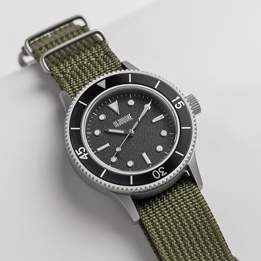 C01 Watch, Matte Silver Case, Black Dial, Sapphire Crystal Glass, Luminous, Nylon Strap