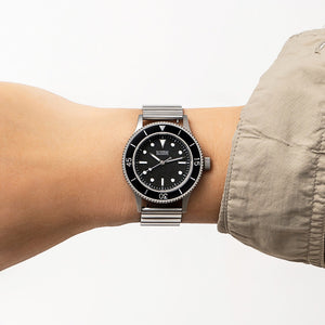 C01 Watch, Matte Silver Case, Black Dial, Sapphire Crystal Glass, Luminous, Stainless Steel Strap