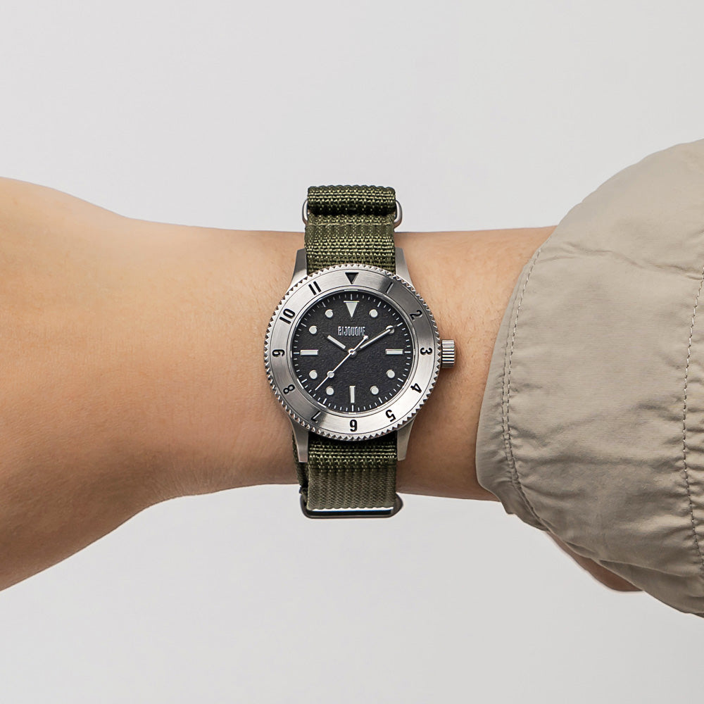 C01 Watch, Brushed Silver Case, Black Dial, Sapphire Crystal Glass, Luminous, Nylon Strap