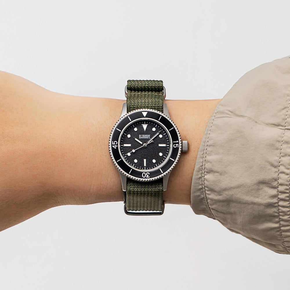 C01 Watch, Matte Silver Case, Black Dial, Sapphire Crystal Glass, Luminous, Nylon Strap