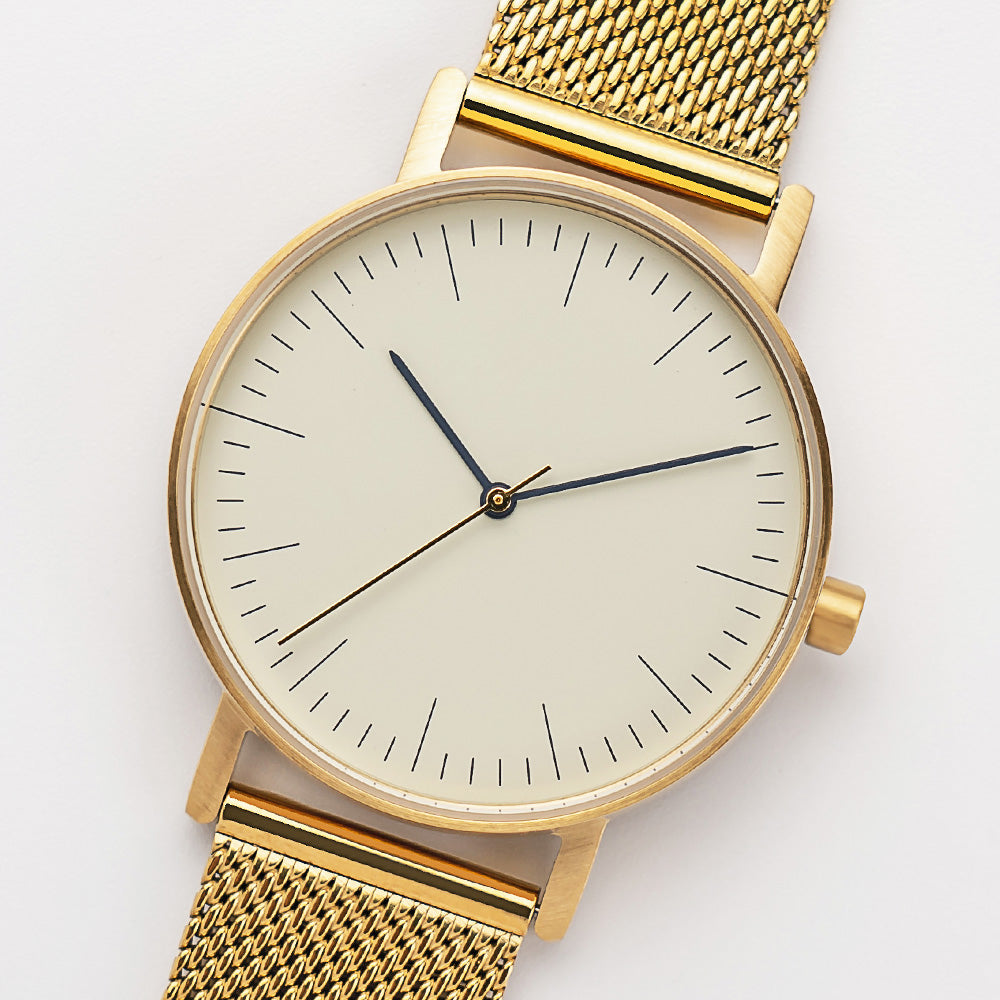 B001 Watch, Gold Case, Off White Dial, Gold Stainless Steel Mesh Strap