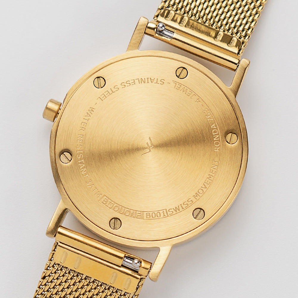 B001 Watch, Gold Case, Off White Dial, Gold Stainless Steel Mesh Strap