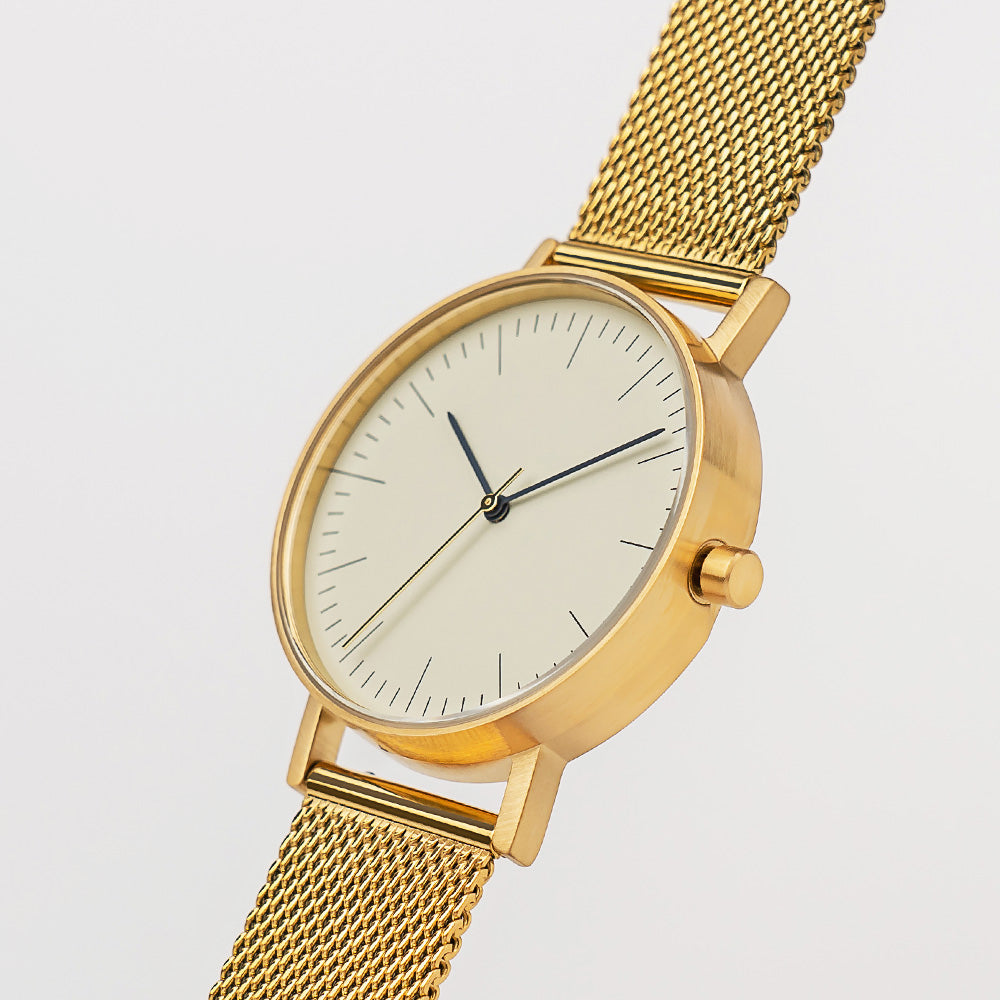 B001 Watch, Gold Case, Off White Dial, Gold Stainless Steel Mesh Strap