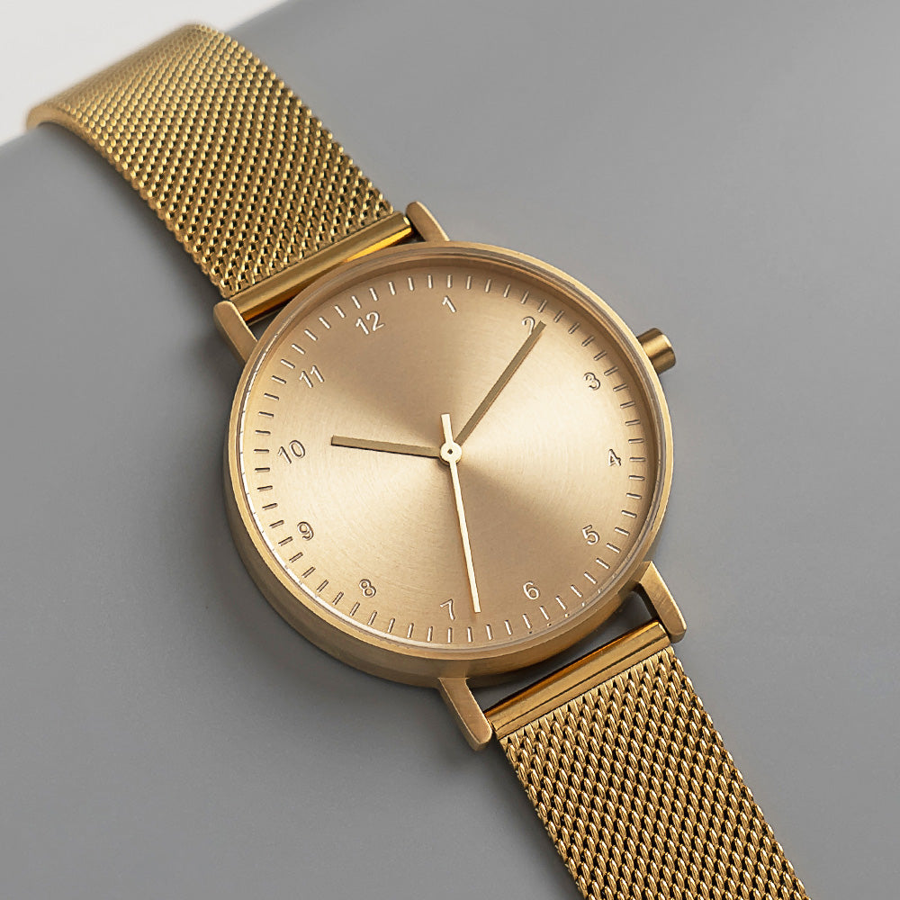 B60 Watch, Gold Case, Gold Dial, Stainless Steel Mesh Strap