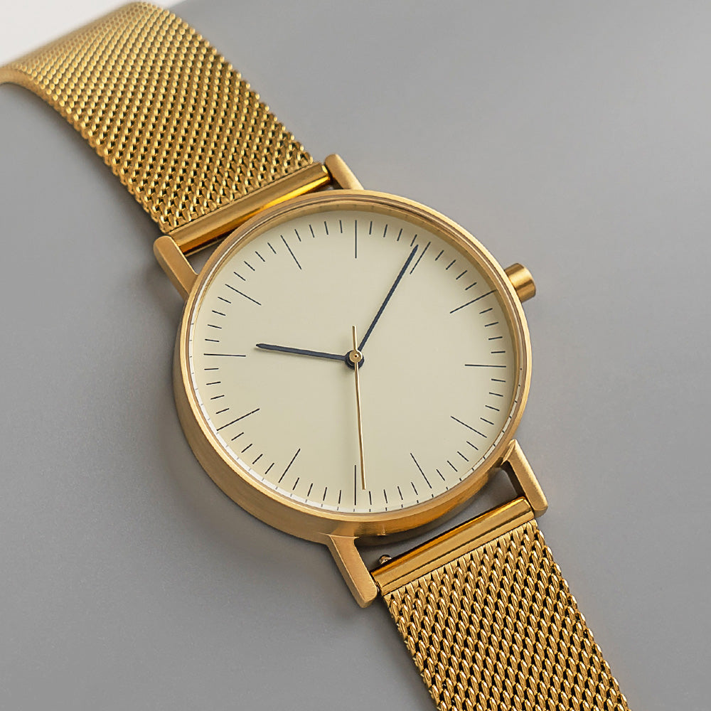 B001 Watch, Gold Case, Off White Dial, Gold Stainless Steel Mesh Strap