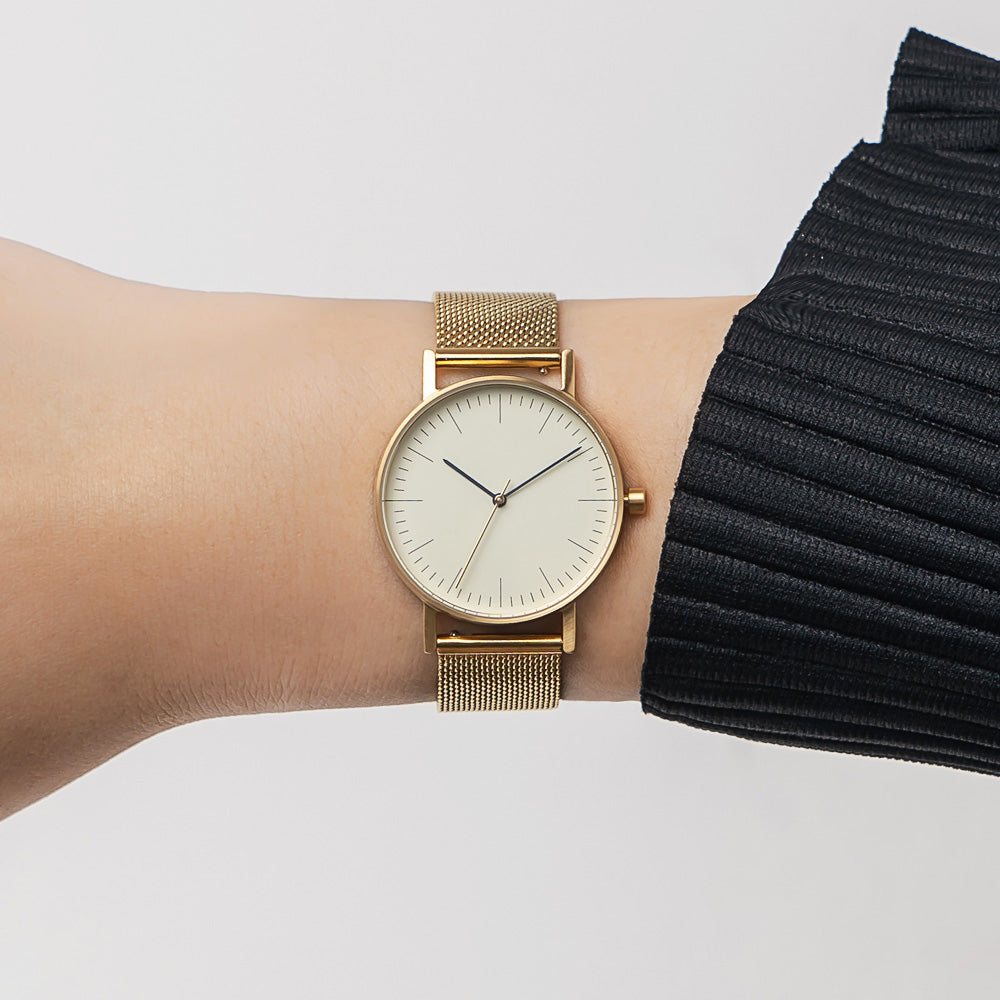 B001 Watch, Gold Case, Off White Dial, Gold Stainless Steel Mesh Strap