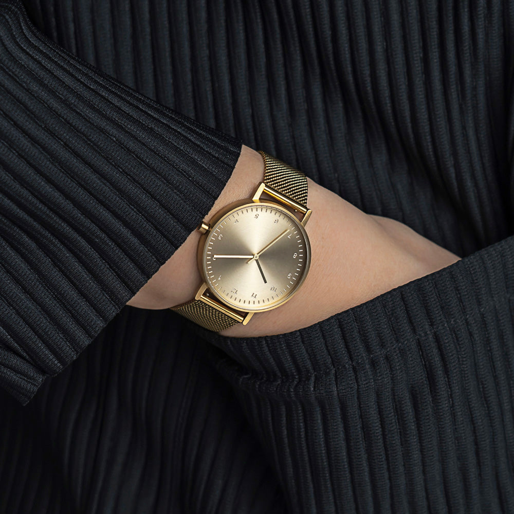 B60 Watch, Gold Case, Gold Dial, Stainless Steel Mesh Strap