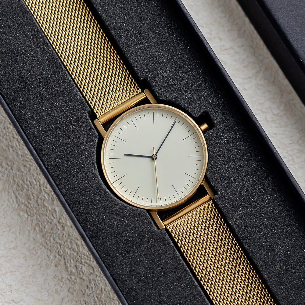 B001 Watch, Gold Case, Off White Dial, Gold Stainless Steel Mesh Strap
