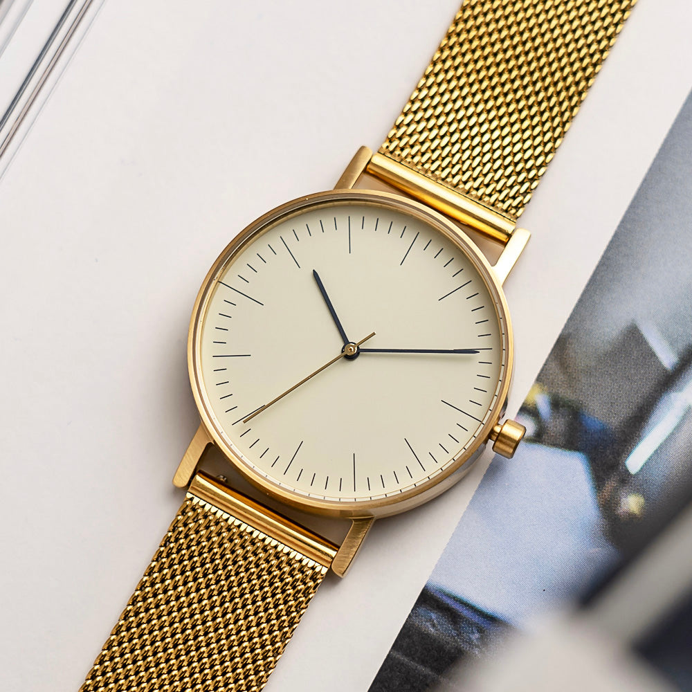 B001 Watch, Gold Case, Off White Dial, Gold Stainless Steel Mesh Strap