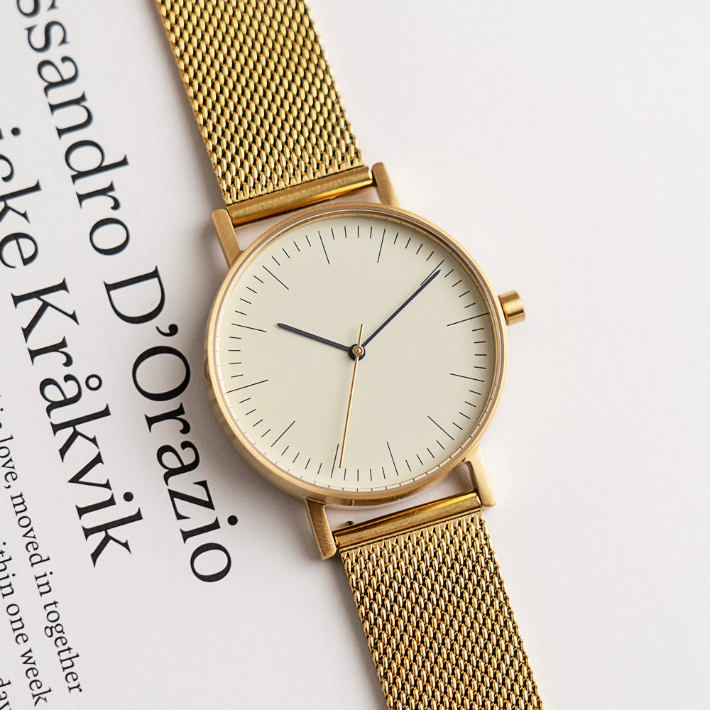 B001 Watch, Gold Case, Off White Dial, Gold Stainless Steel Mesh Strap