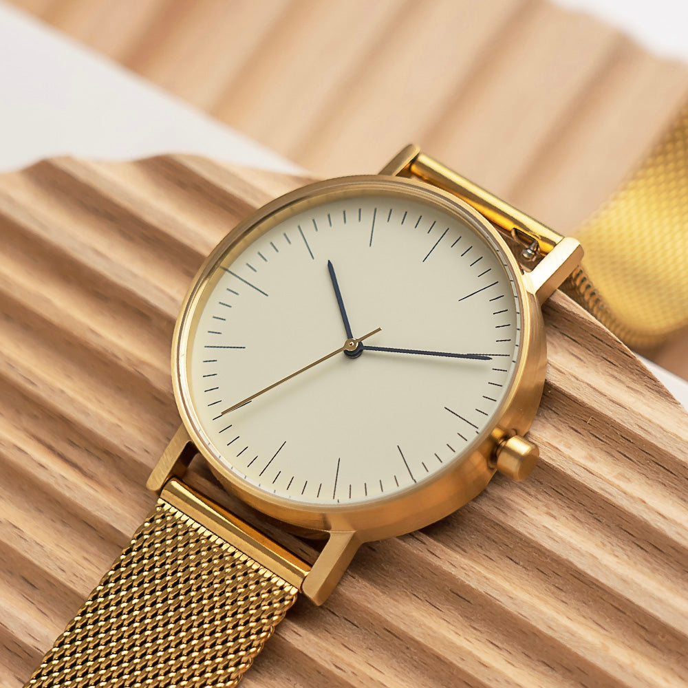 B001 Watch, Gold Case, Off White Dial, Gold Stainless Steel Mesh Strap -  BIJOUONE