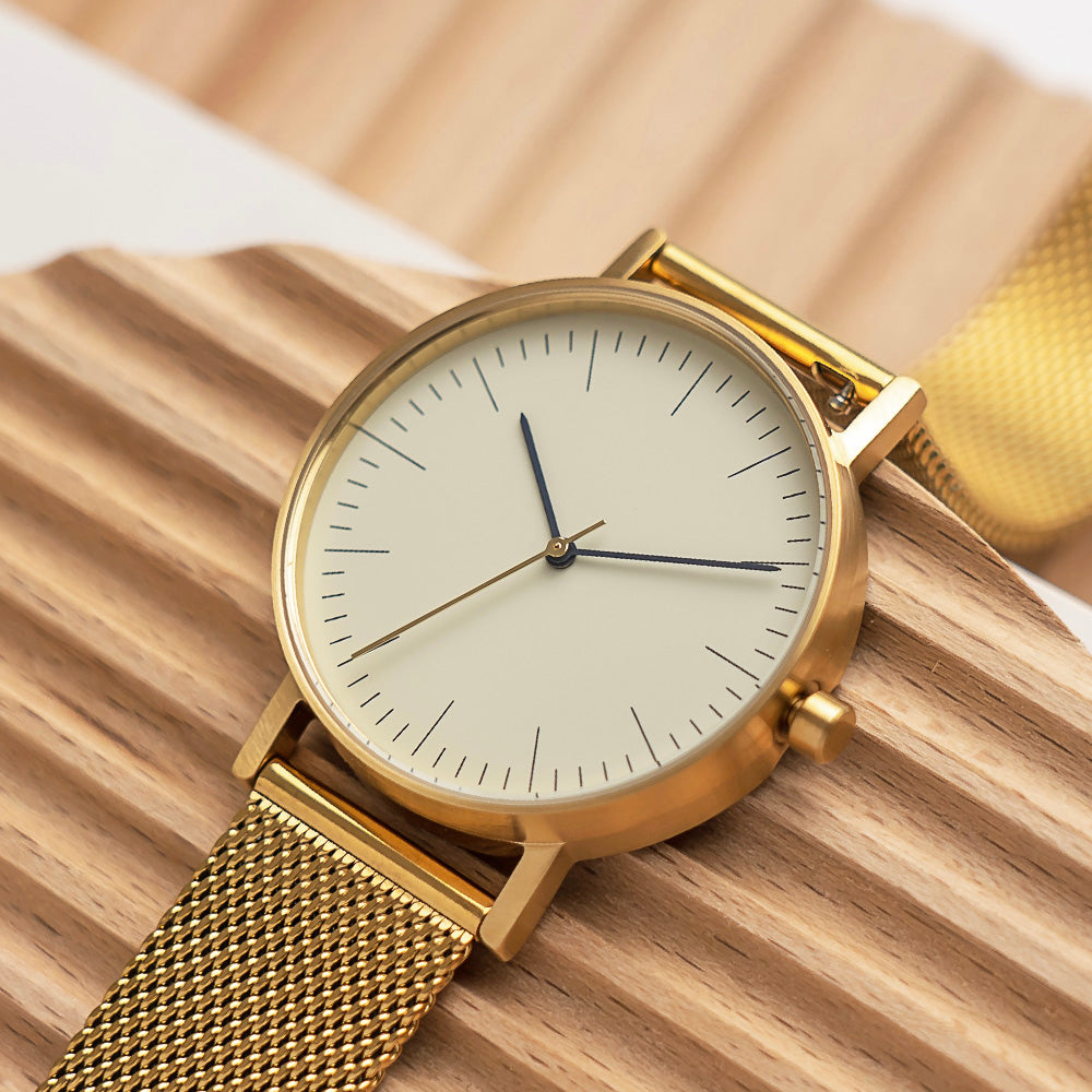 B001 Watch, Gold Case, Off White Dial, Gold Stainless Steel Mesh Strap