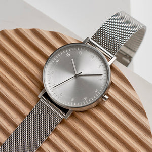 B60 Watch, Silver Case, Silver Dial, Stainless Steel Mesh Strap