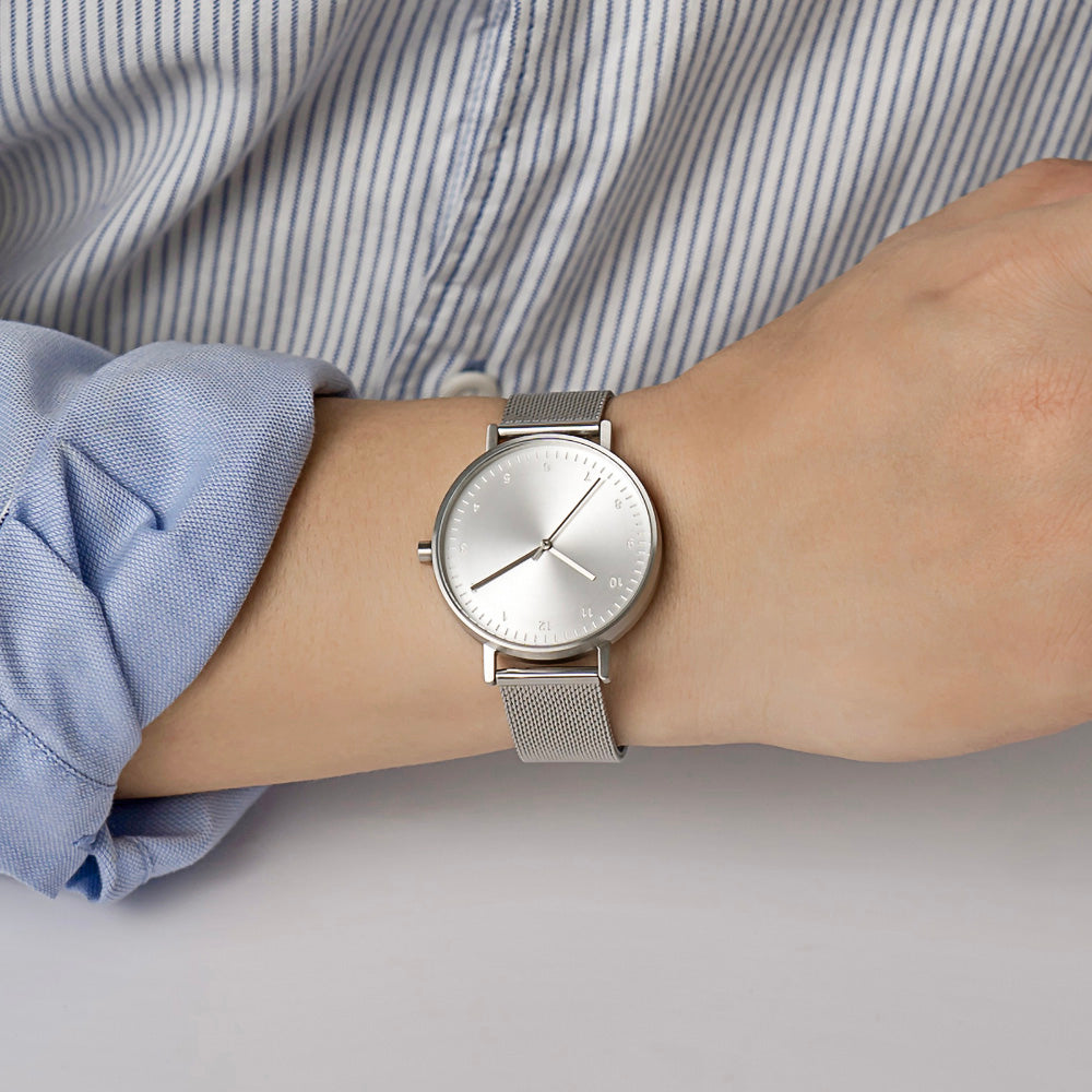 B60 Watch, Silver Case, Silver Dial, Stainless Steel Mesh Strap