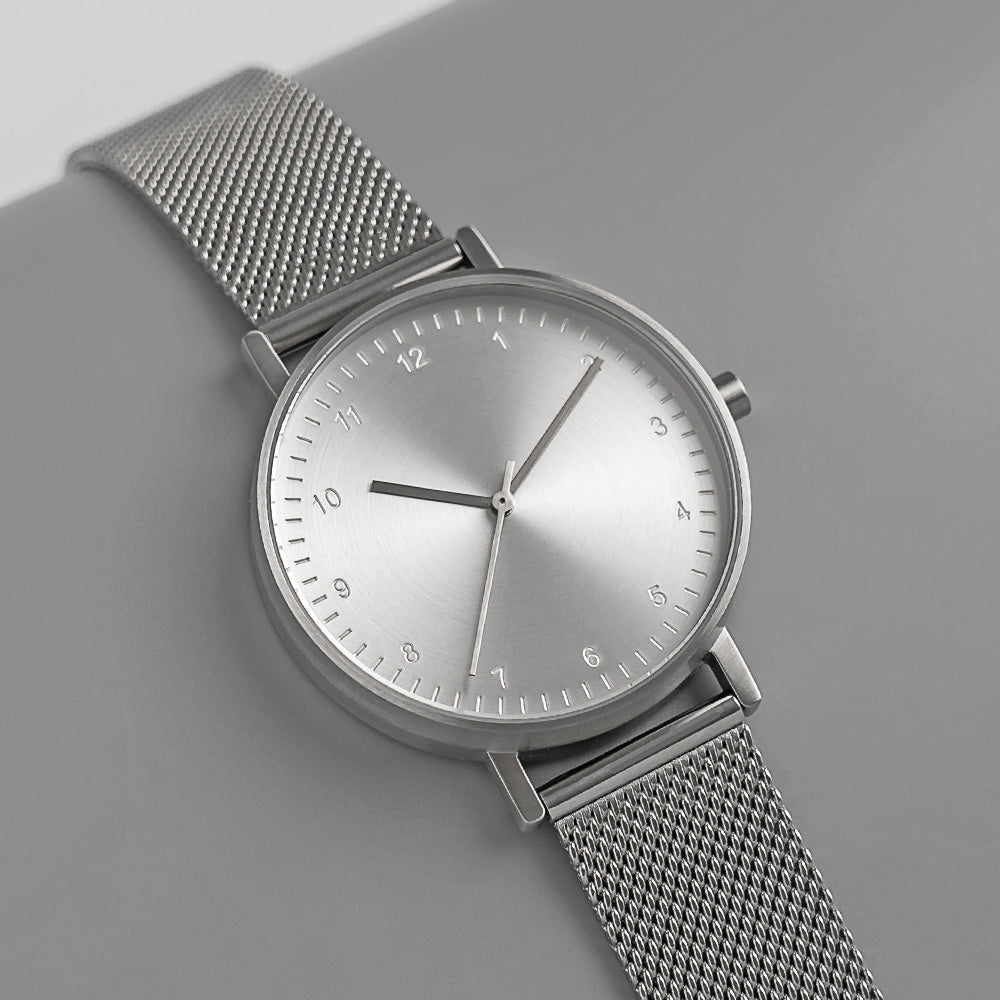B60 Watch, Silver Case, Silver Dial, Stainless Steel Mesh Strap
