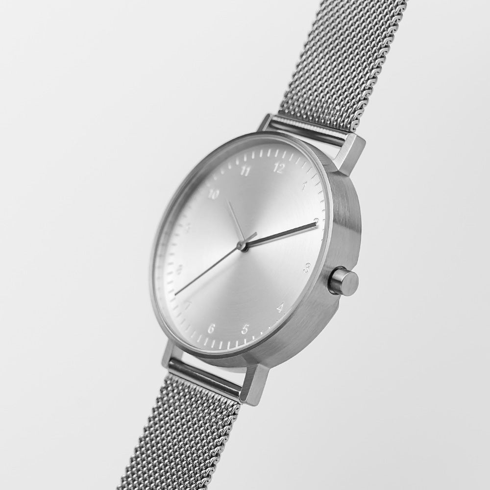 B60 Watch, Silver Case, Silver Dial, Stainless Steel Mesh Strap