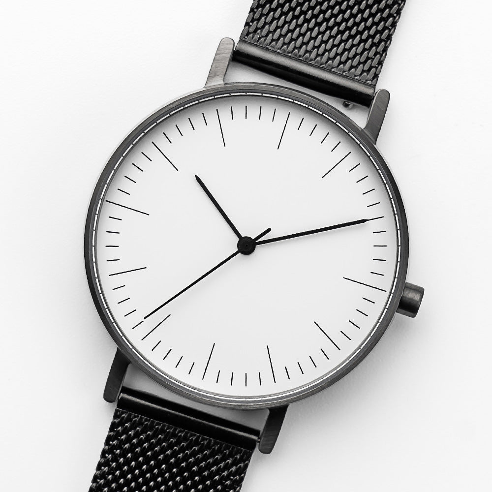 B001 Watch, Gunmetal Case, White Dial, Black Stainless Steel Mesh Strap