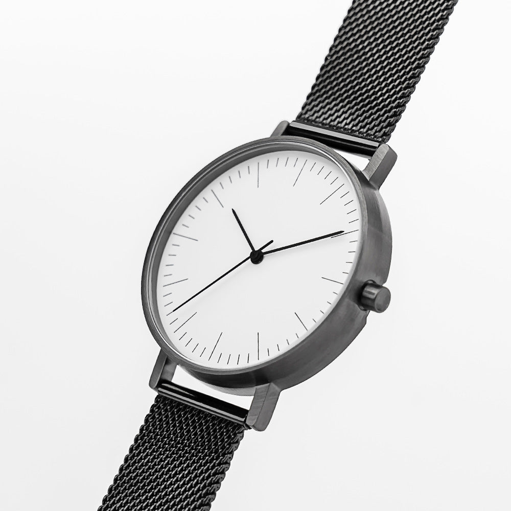 B001 Watch, Gunmetal Case, White Dial, Black Stainless Steel Mesh Strap