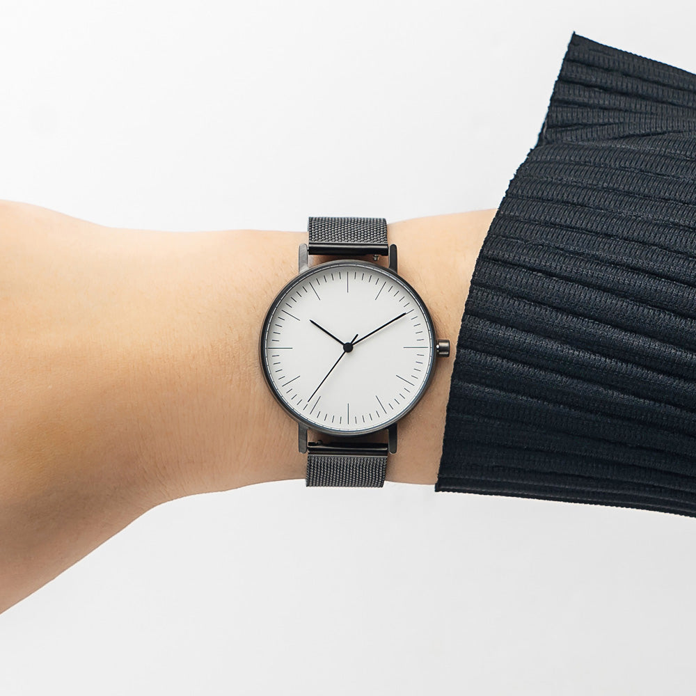 B001 Watch, Gunmetal Case, White Dial, Black Stainless Steel Mesh Strap