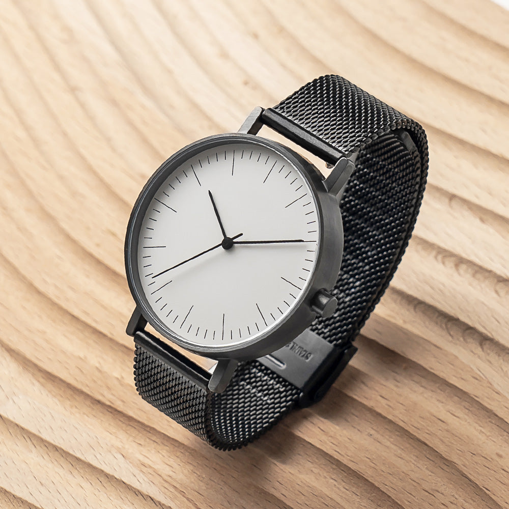 B001 Watch, Gunmetal Case, White Dial, Black Stainless Steel Mesh Strap