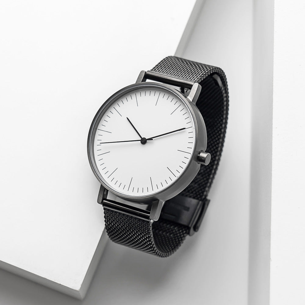 B001 Watch, Gunmetal Case, White Dial, Black Stainless Steel Mesh Strap