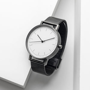 B001 Watch, Gunmetal Case, White Dial, Black Stainless Steel Mesh Strap