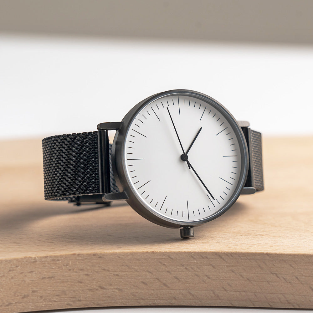 B001 Watch, Gunmetal Case, White Dial, Black Stainless Steel Mesh Strap