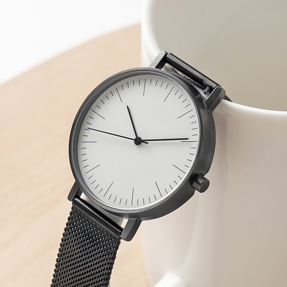 B001 Watch, Gunmetal Case, White Dial, Black Stainless Steel Mesh Strap