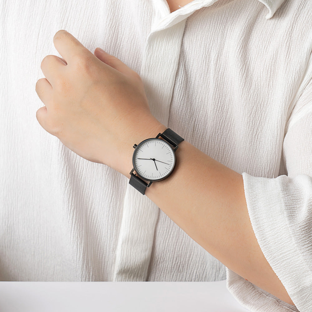 B001 Watch, Gunmetal Case, White Dial, Black Stainless Steel Mesh Strap