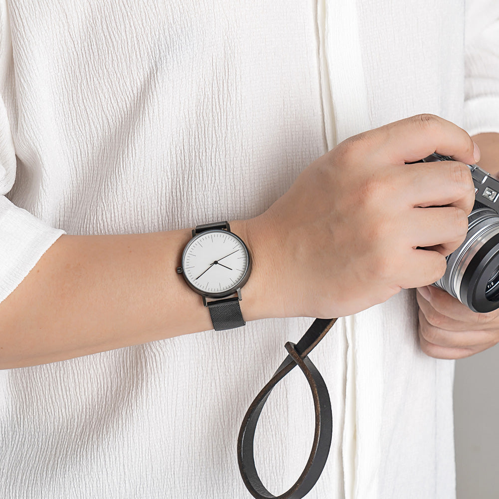 B001 Watch, Gunmetal Case, White Dial, Black Stainless Steel Mesh Strap