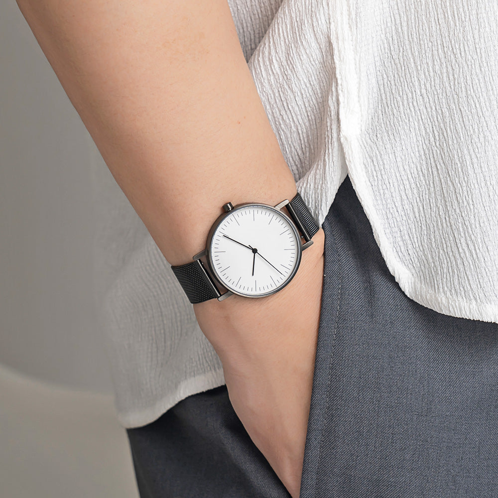 B001 Watch, Gunmetal Case, White Dial, Black Stainless Steel Mesh Strap