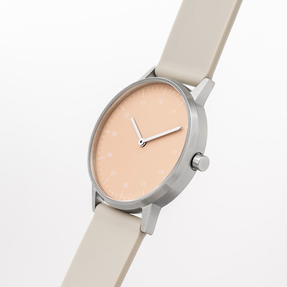 B40 Watch, Silver Case, Nude Pink Dial, Rubber Strap - Beige