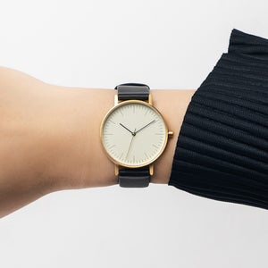 B001 Watch, Gold Case, Off White Dial, Leather Strap - Black - BIJOUONE