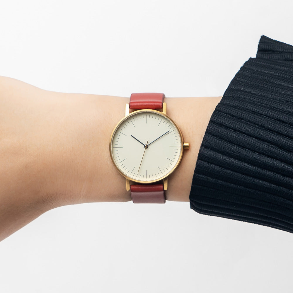 B001 Watch, Gold Case, Off White Dial, Leather Strap - Red