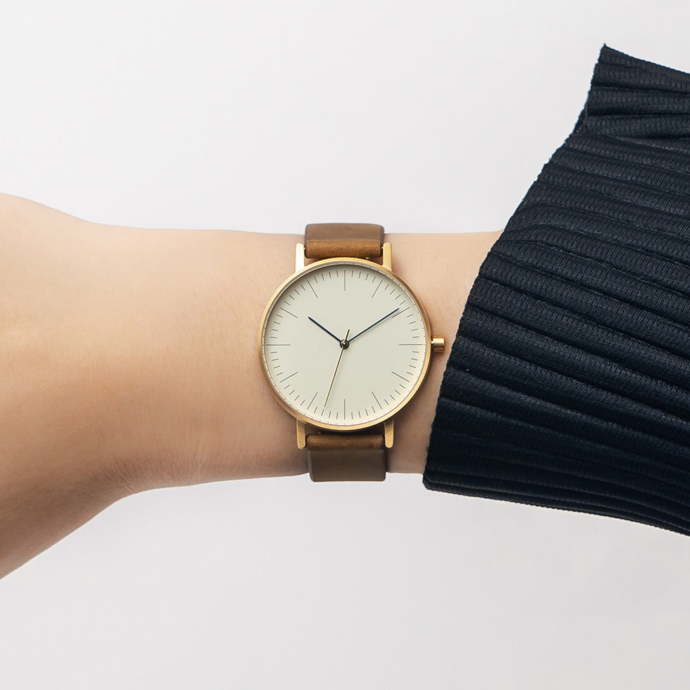 B001 Watch, Gold Case, Off White Dial, Leather Strap - Brown Suede